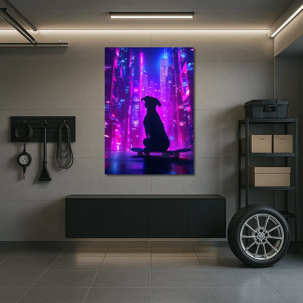 Dog Silhouette Skateboard Neon Cyberpunk City – Wall Art