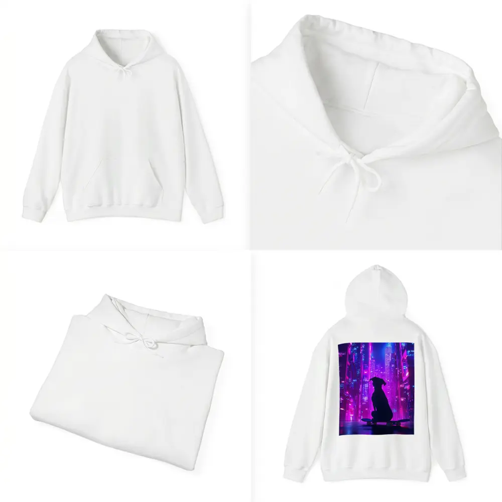 Dog Silhouette Skateboard Neon Cyberpunk City – Hoodies