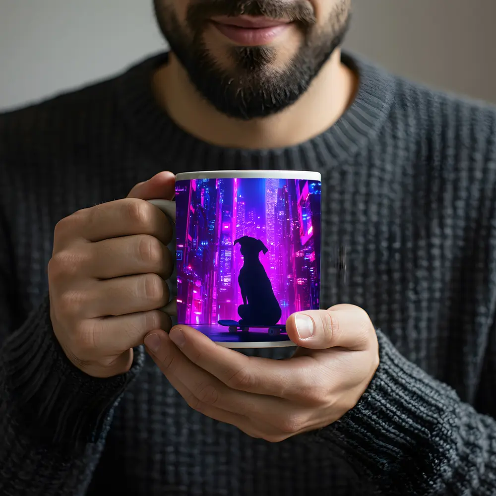 Dog Silhouette Skateboard Neon Cyberpunk City – Mugs