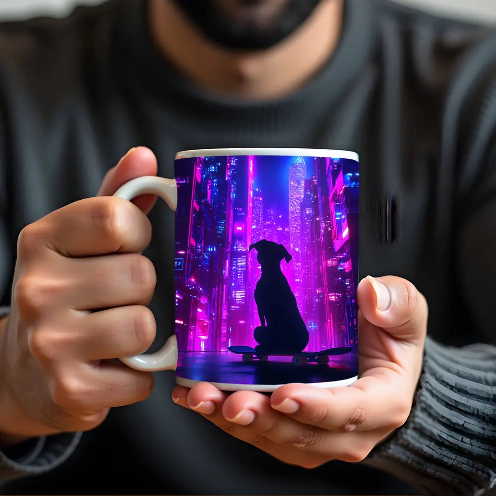 Dog Silhouette Skateboard Neon Cyberpunk City – Mugs