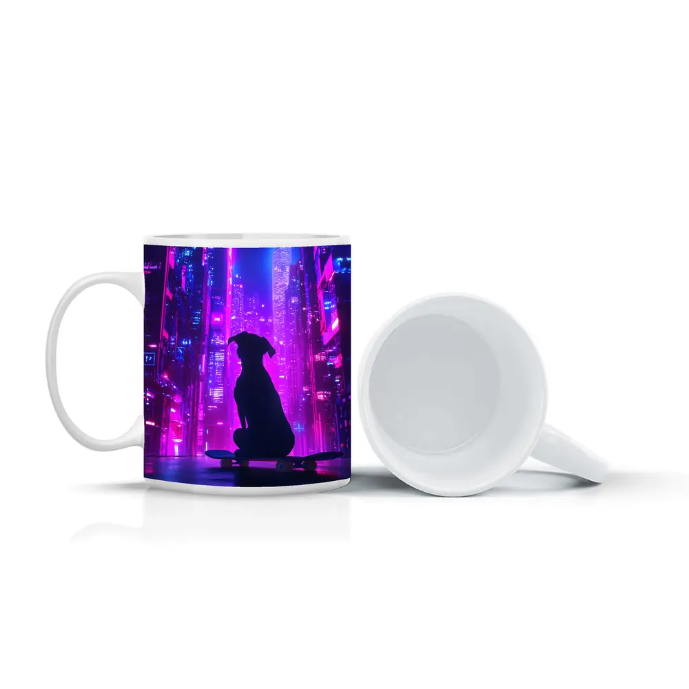 Dog Silhouette Skateboard Neon Cyberpunk City – Mugs