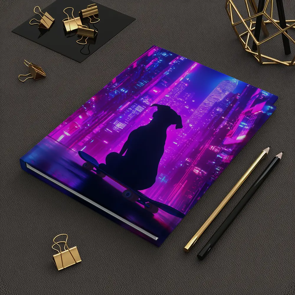 Dog Silhouette Skateboard Neon Cyberpunk City – Notebooks
