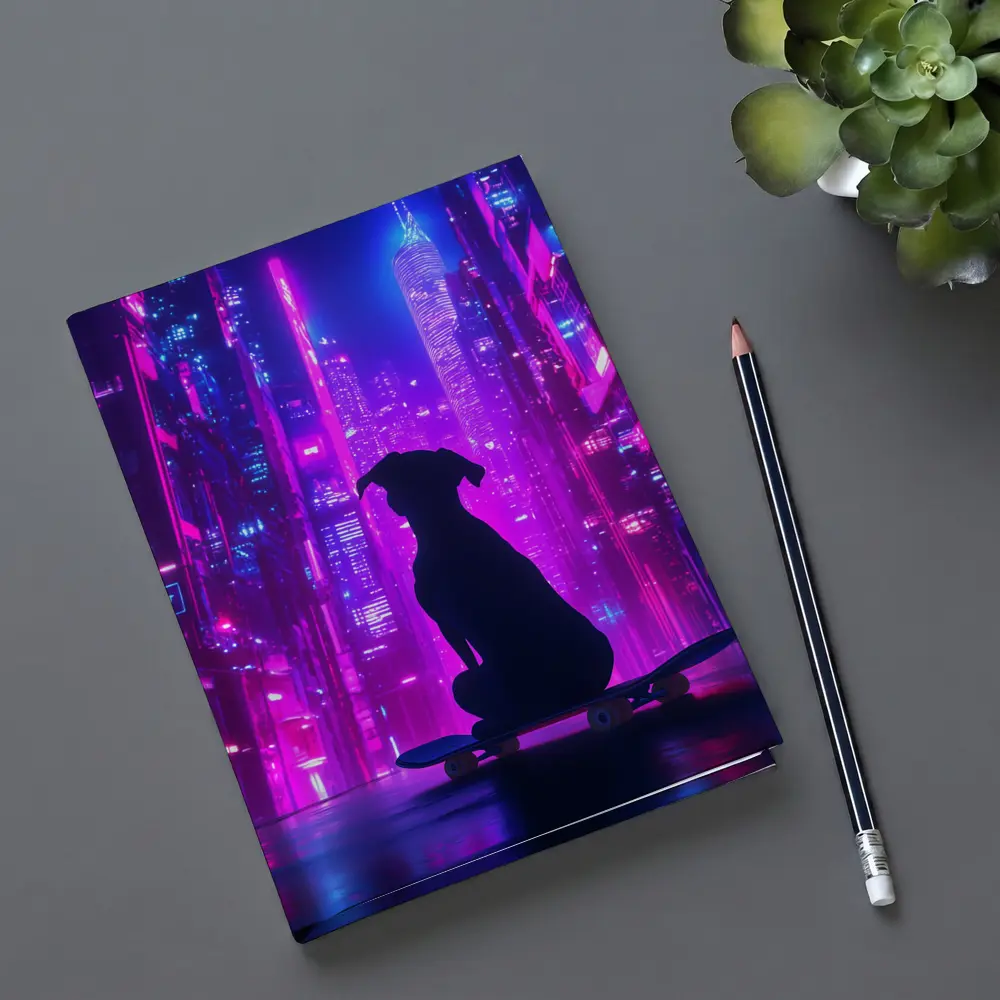 Dog Silhouette Skateboard Neon Cyberpunk City – Notebooks