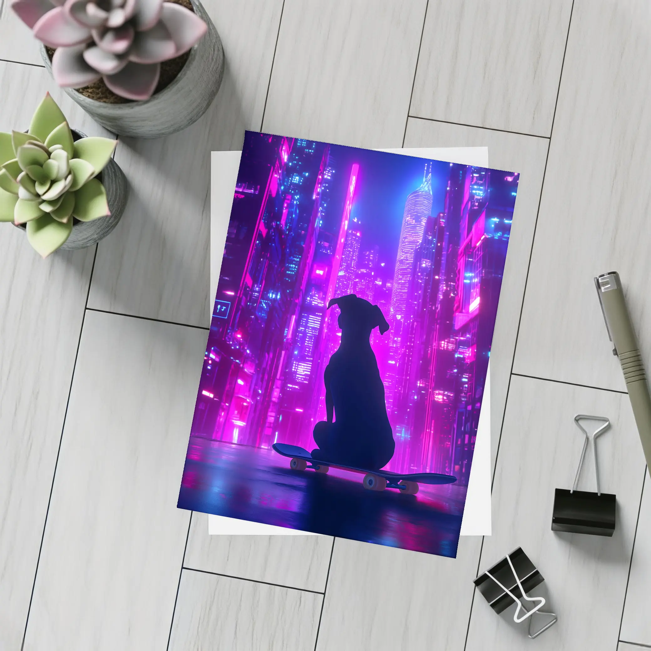 Dog Silhouette Skateboard Neon Cyberpunk City – Postcards