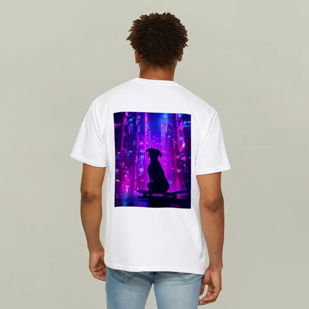 Dog Silhouette Skateboard Neon Cyberpunk City – T-Shirts