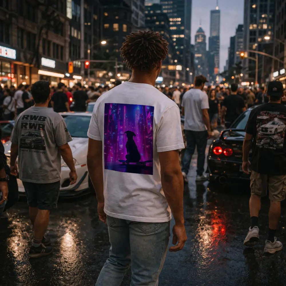 Dog Silhouette Skateboard Neon Cyberpunk City – T-Shirts