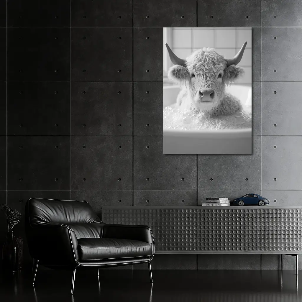 Highland Cow Relaxing In Bubble Bath – Wall Art