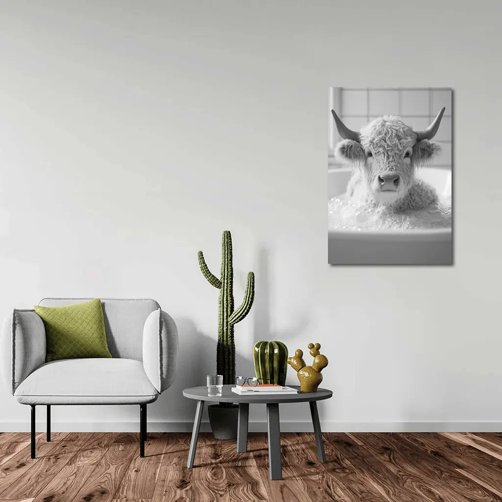 Highland Cow Relaxing In Bubble Bath – Wall Art