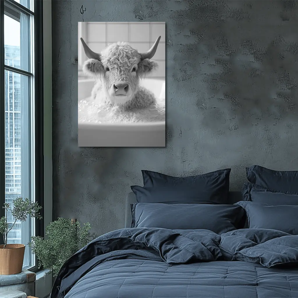 Highland Cow Relaxing In Bubble Bath – Wall Art