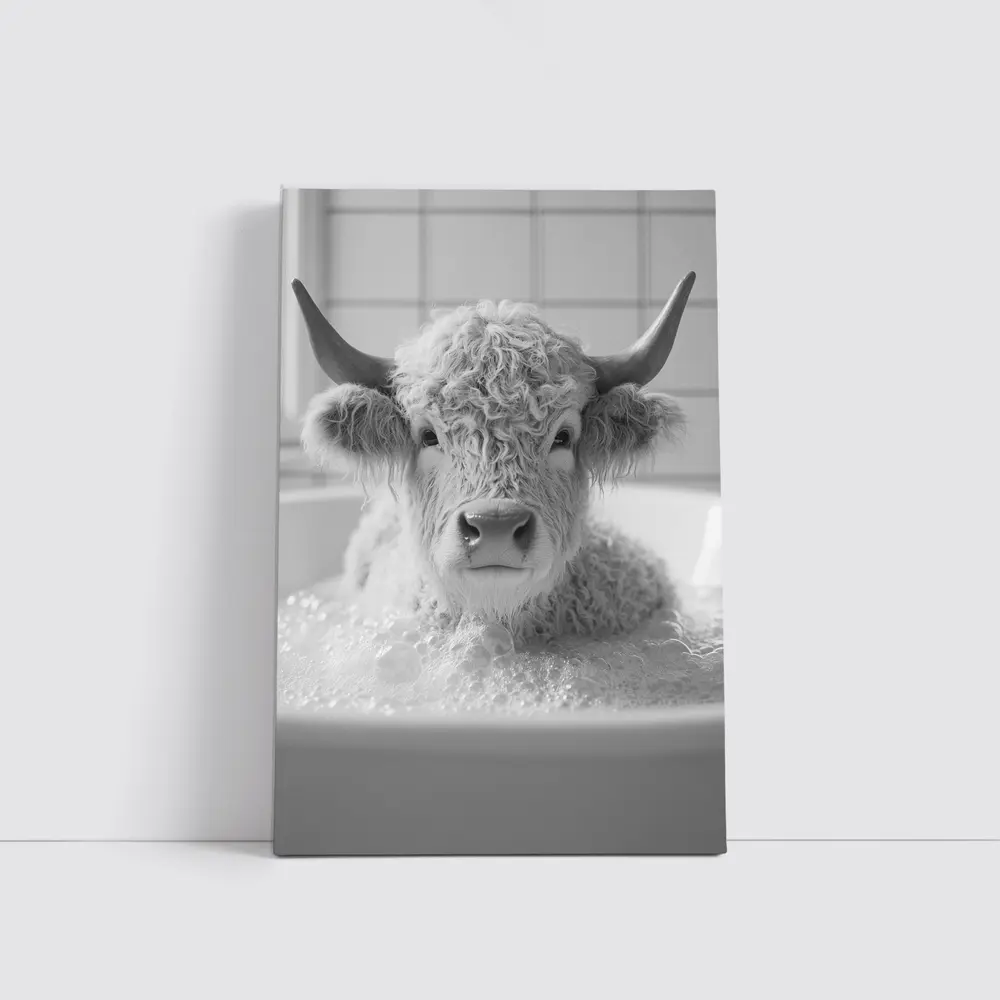 Highland Cow Relaxing In Bubble Bath – Wall Art