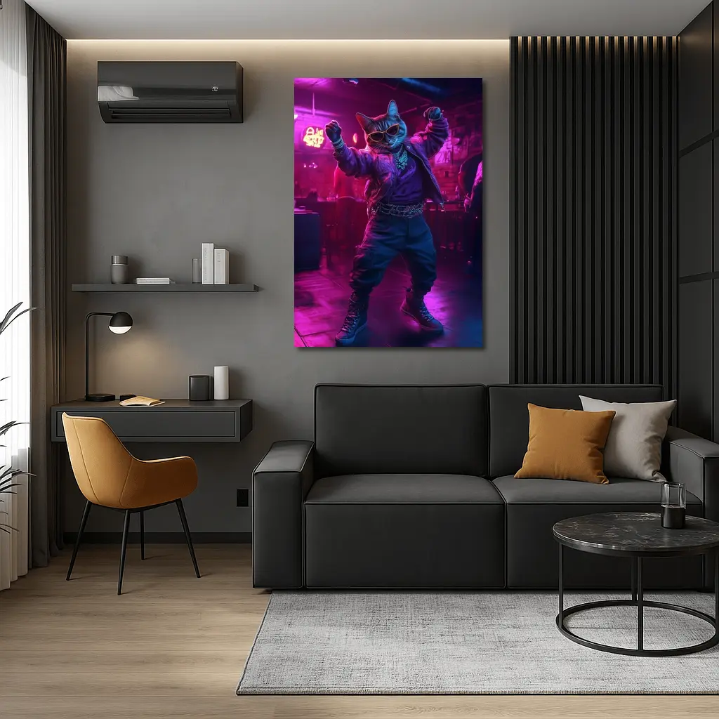 Cool Cat Dancing in Neon Night Club – Wall Art