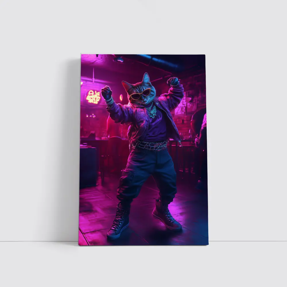Cool Cat Dancing in Neon Night Club – Wall Art