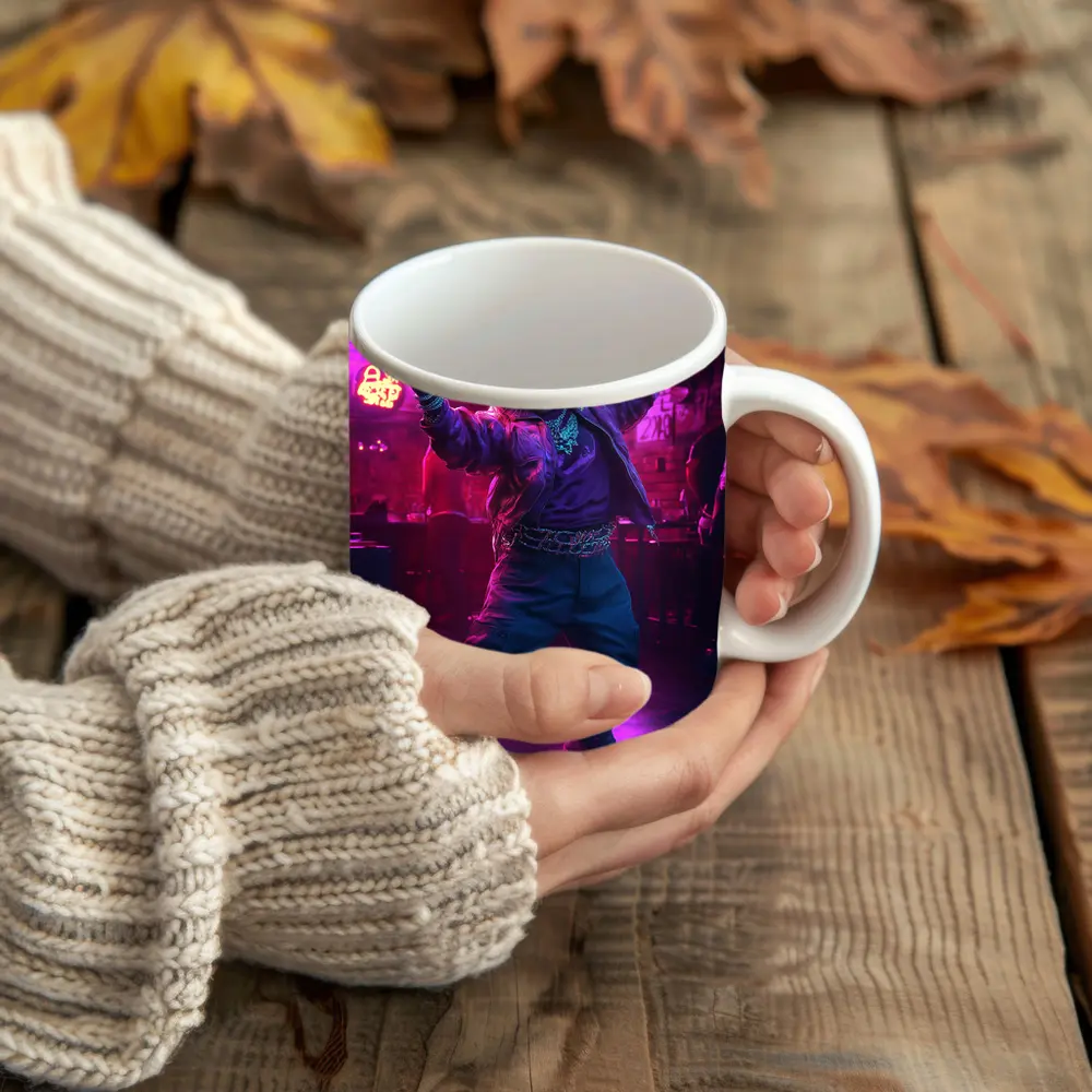 Cool Cat Dancing in Neon Night Club – Mugs