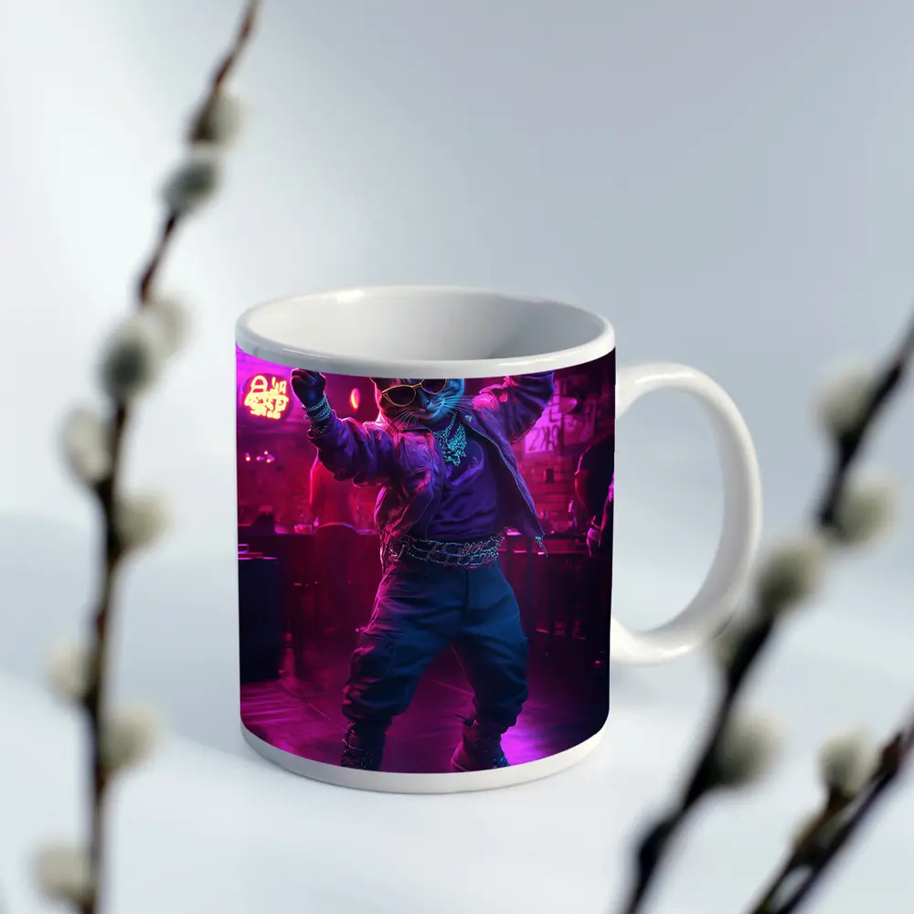 Cool Cat Dancing in Neon Night Club – Mugs