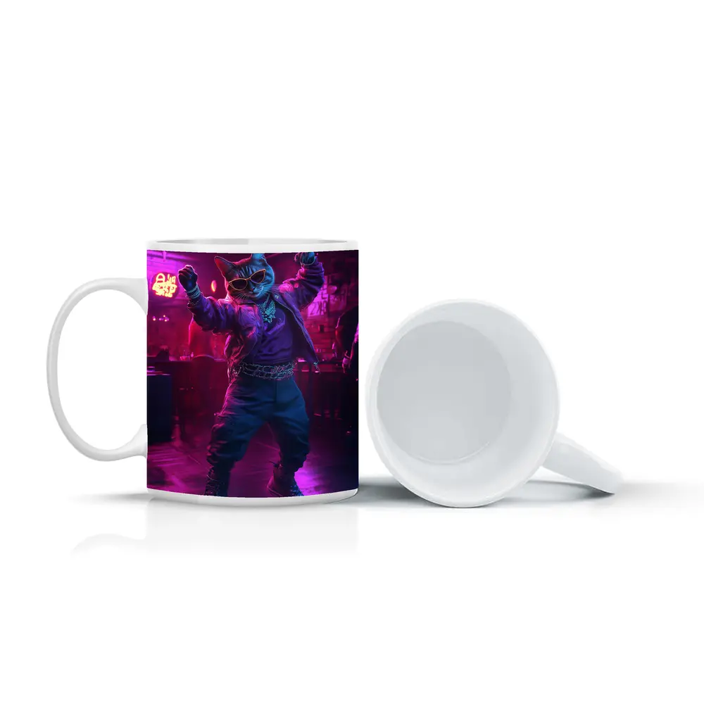 Cool Cat Dancing in Neon Night Club – Mugs