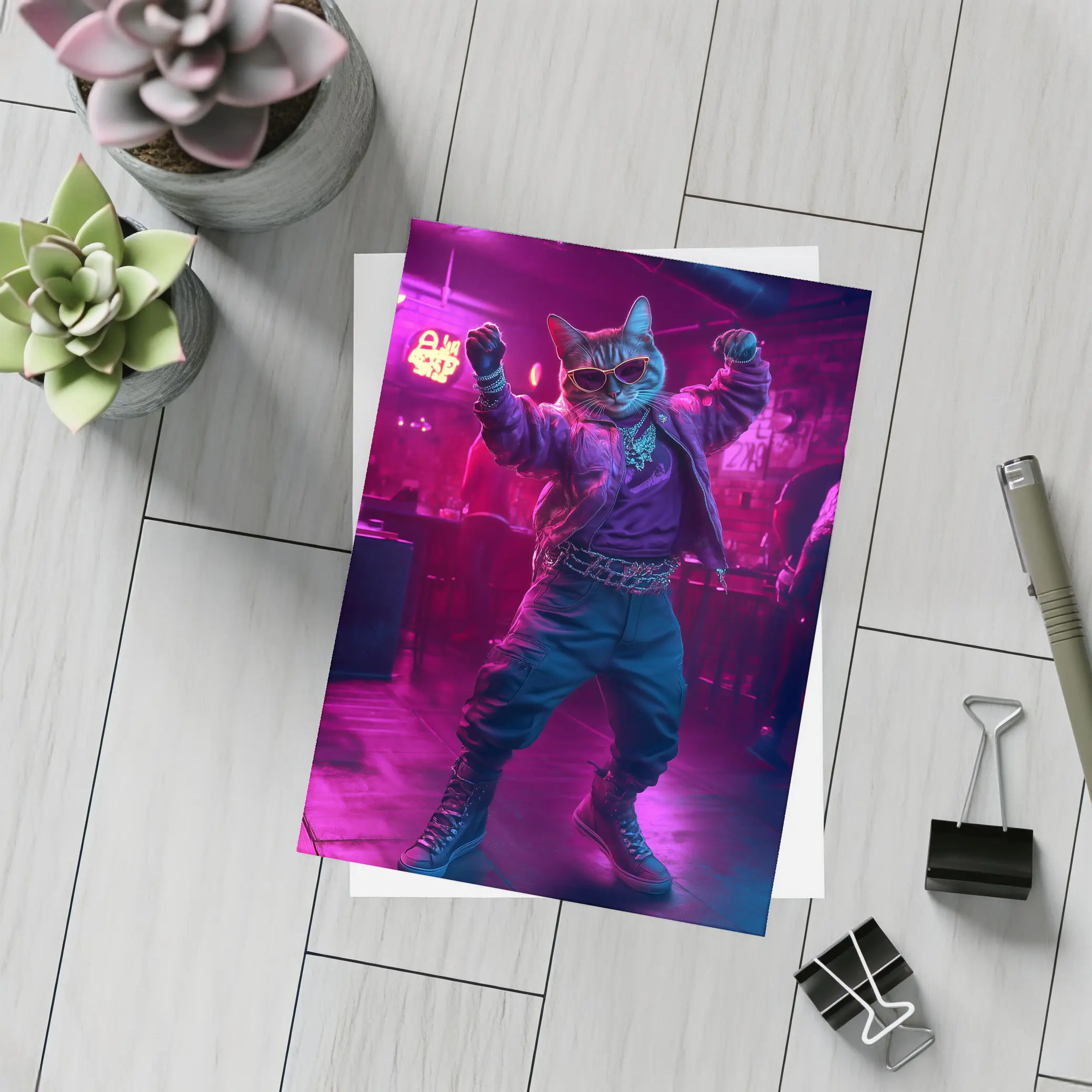 Cool Cat Dancing in Neon Night Club – Postcards