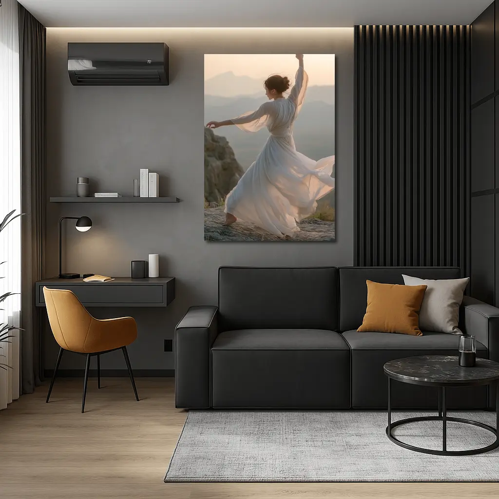 Woman Dancing White Dress Mountain Sunset – Wall Art
