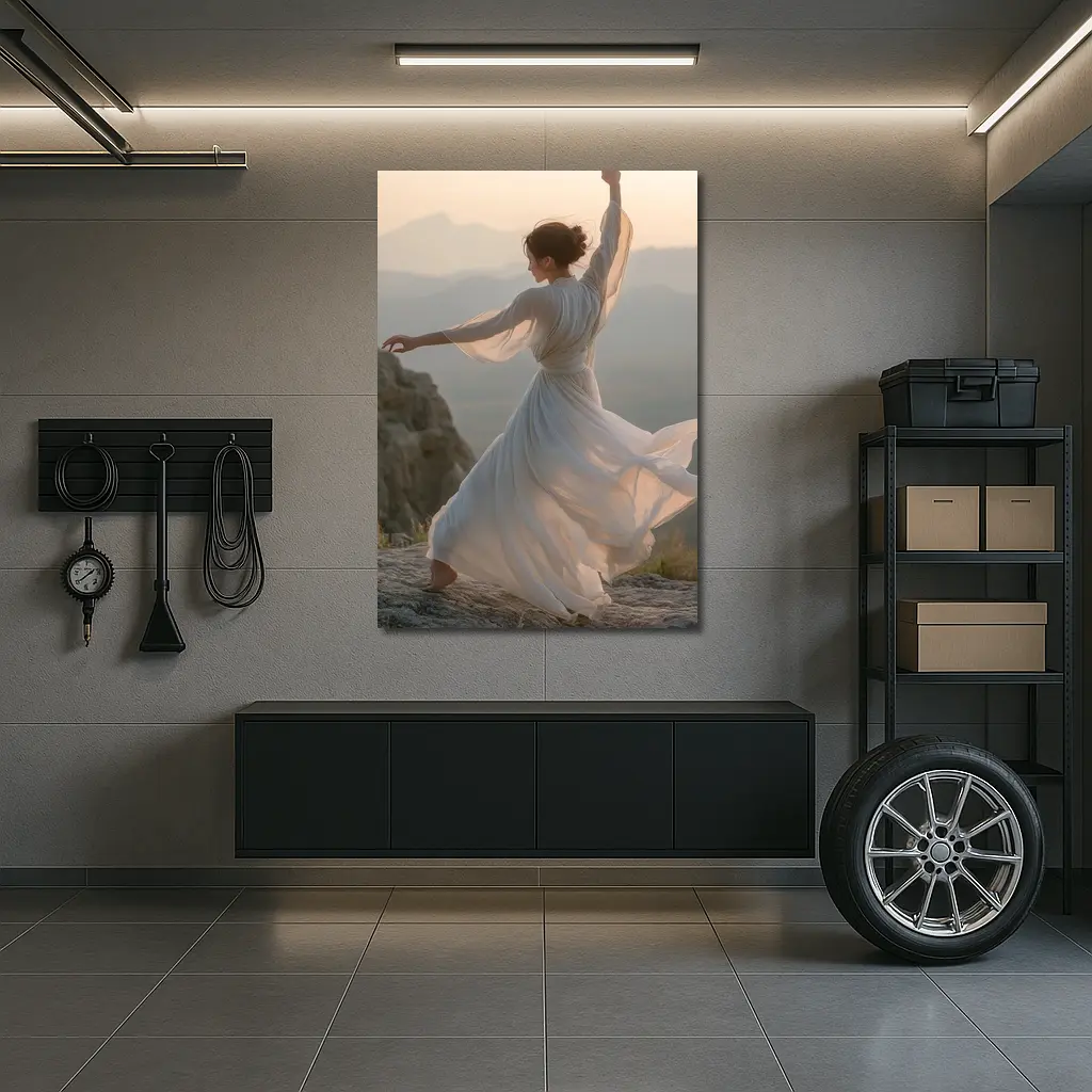 Woman Dancing White Dress Mountain Sunset – Wall Art