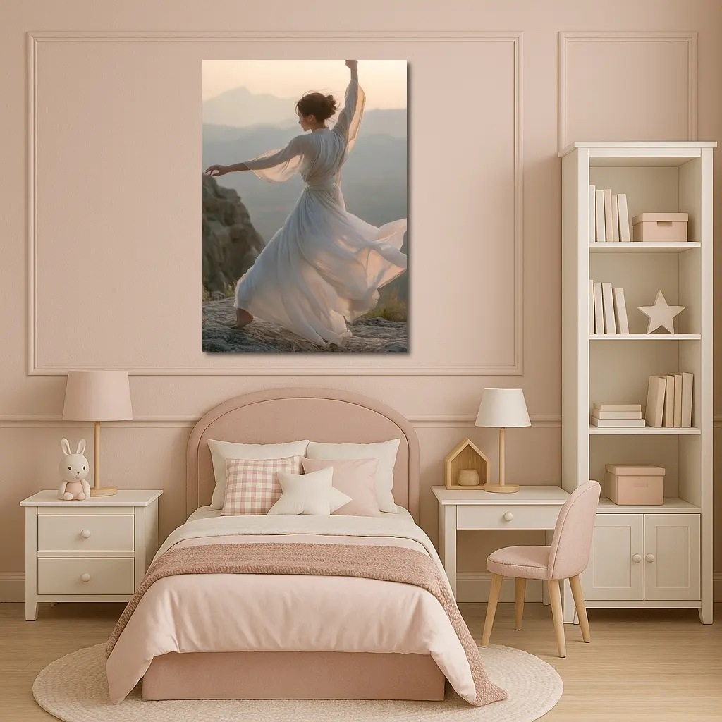 Woman Dancing White Dress Mountain Sunset – Wall Art