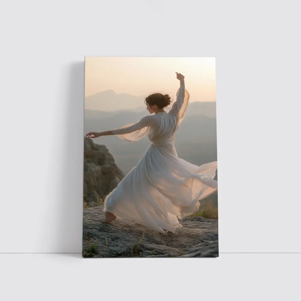 Woman Dancing White Dress Mountain Sunset – Wall Art