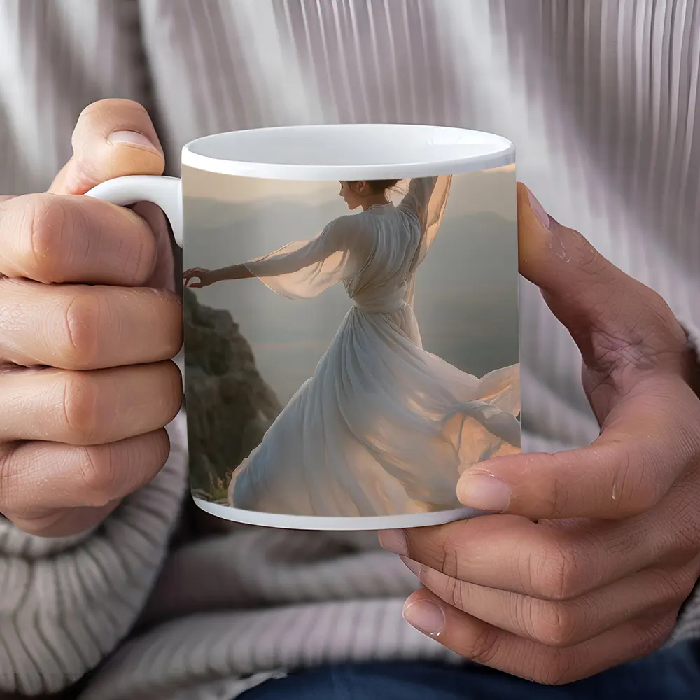 Woman Dancing White Dress Mountain Sunset – Mugs