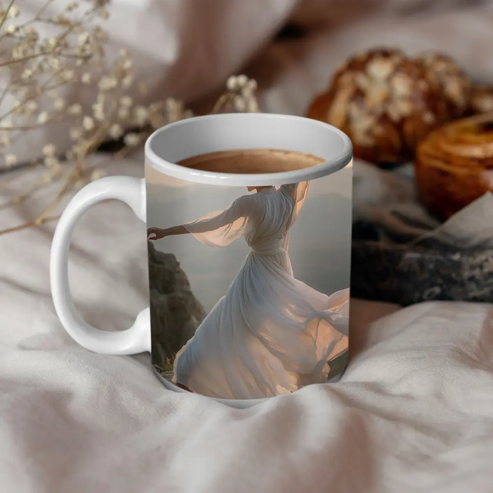 Woman Dancing White Dress Mountain Sunset – Mugs