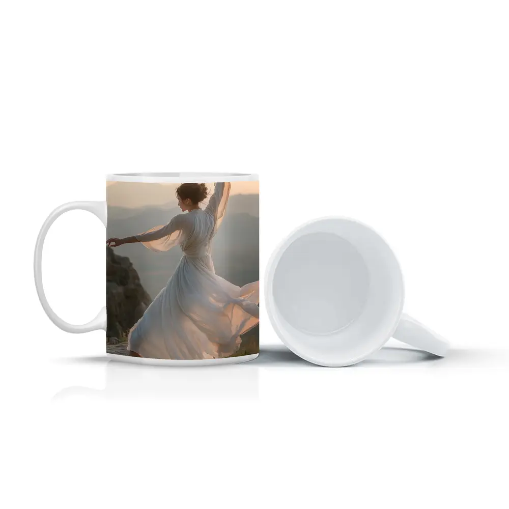 Woman Dancing White Dress Mountain Sunset – Mugs