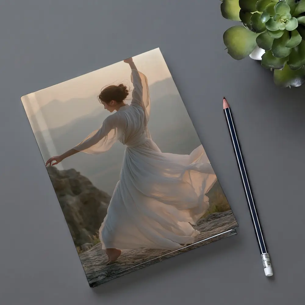 Woman Dancing White Dress Mountain Sunset – Notebooks