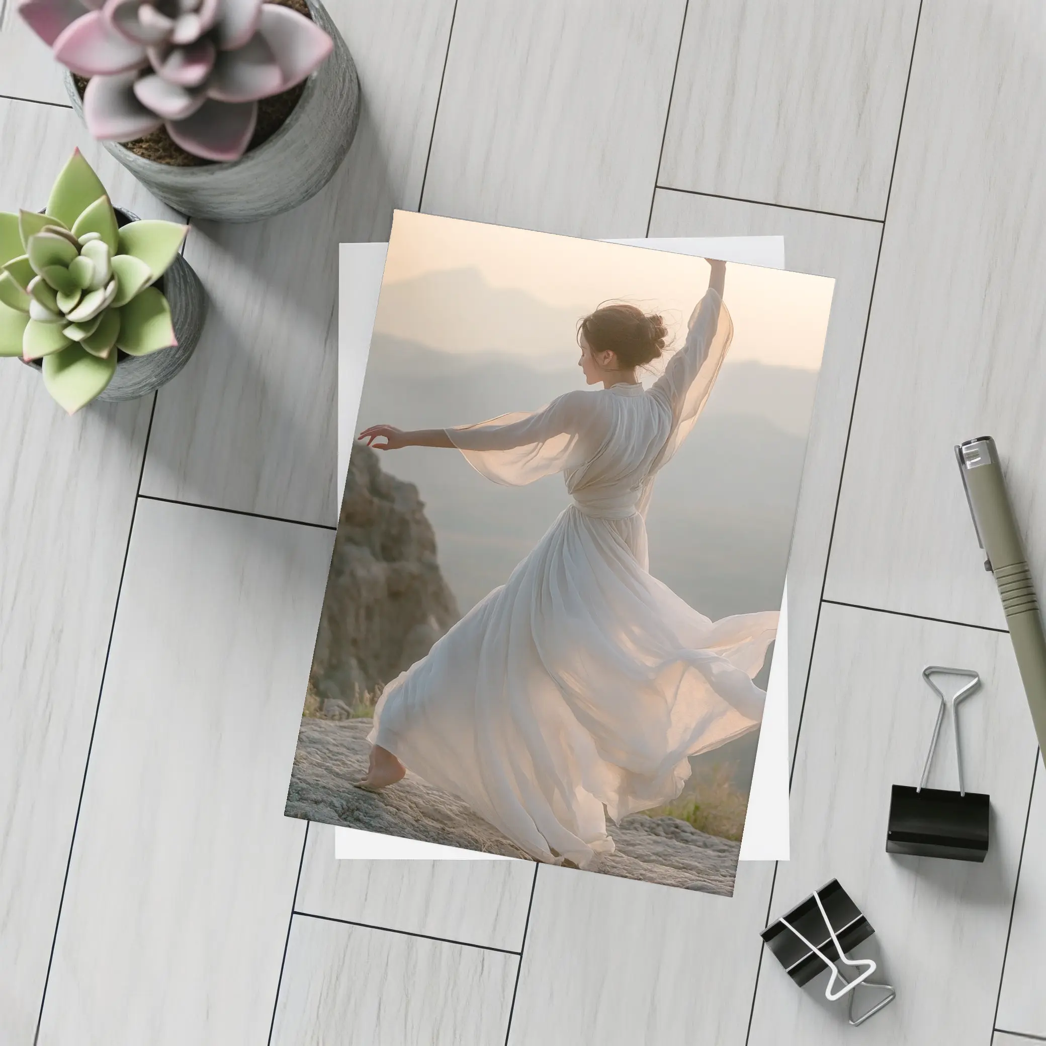 Woman Dancing White Dress Mountain Sunset – Postcards