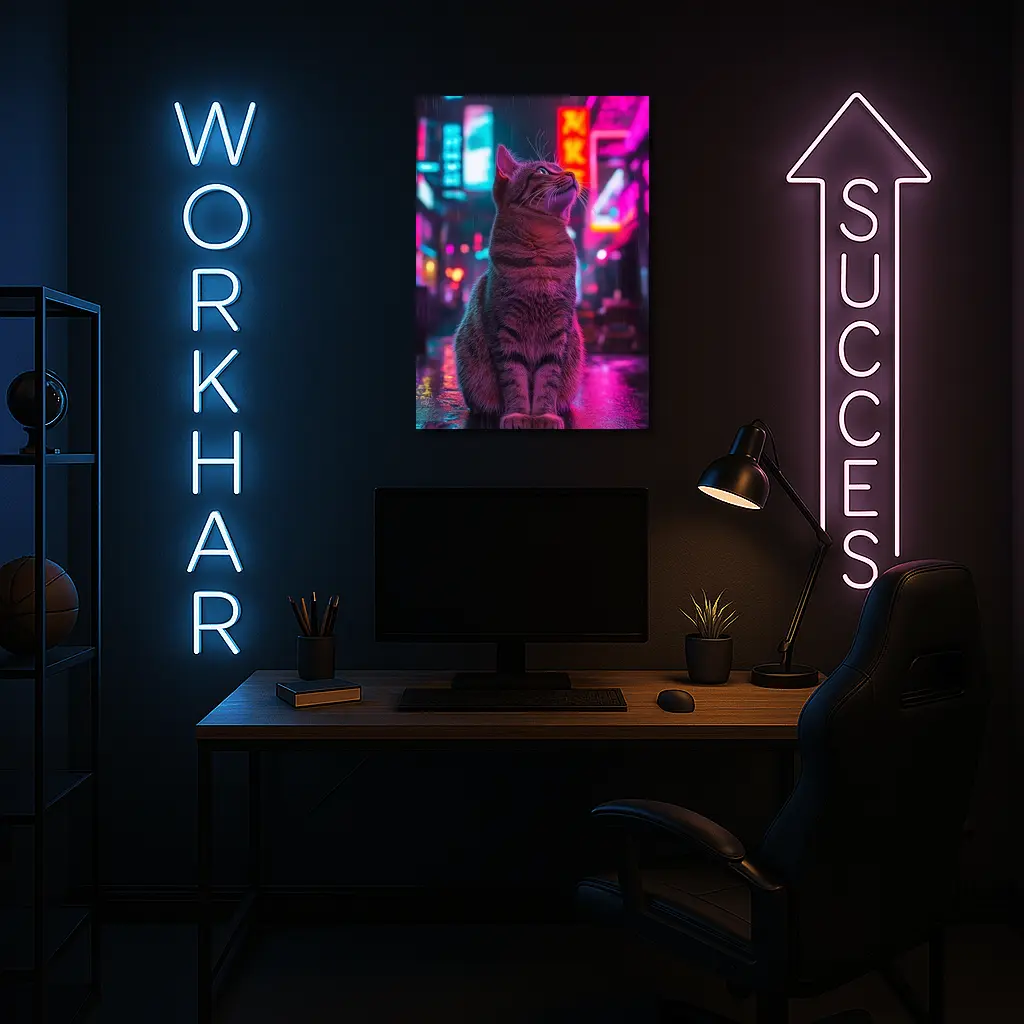 Tabby Cat Sitting in Neon Rainy City – Wall Art
