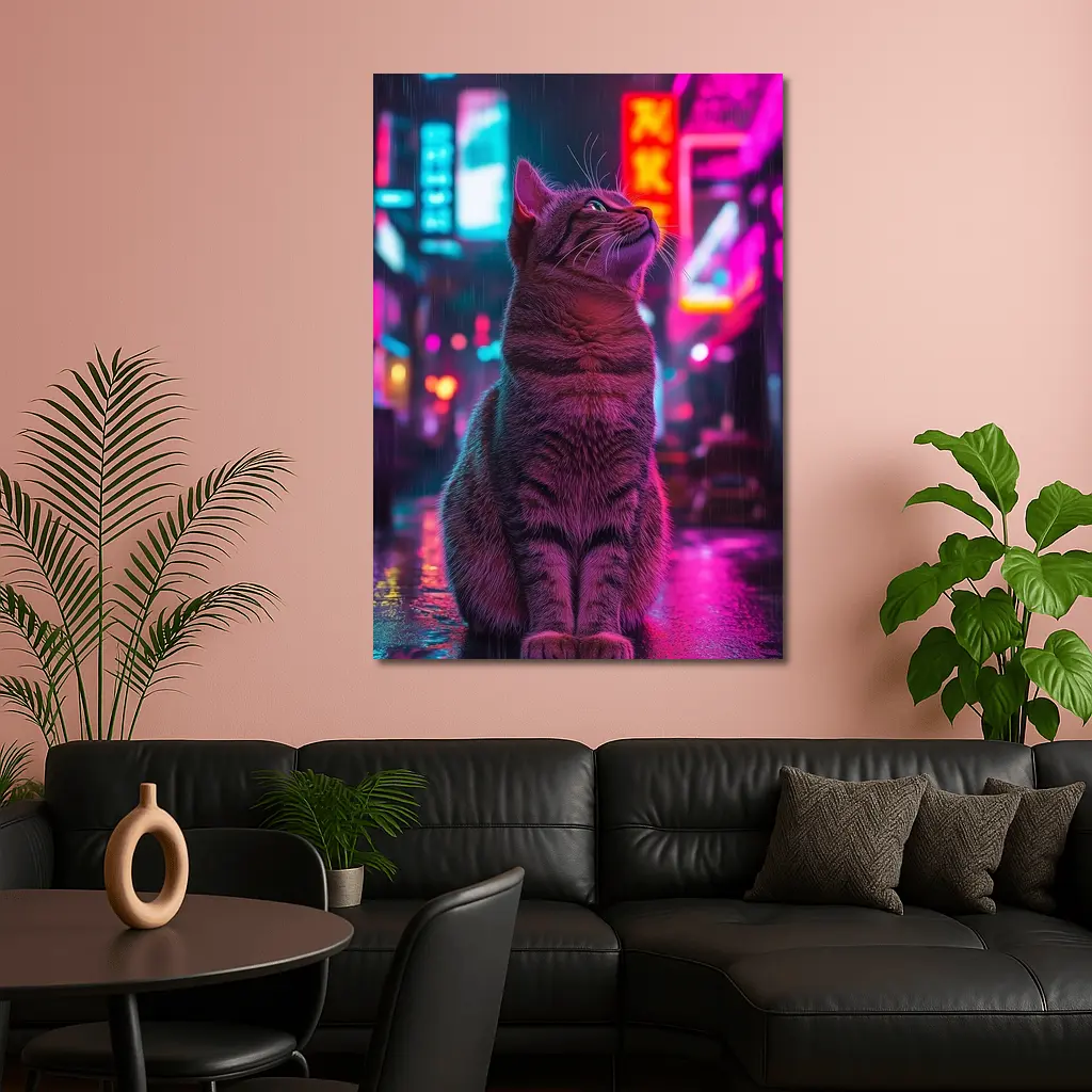 Tabby Cat Sitting in Neon Rainy City – Wall Art