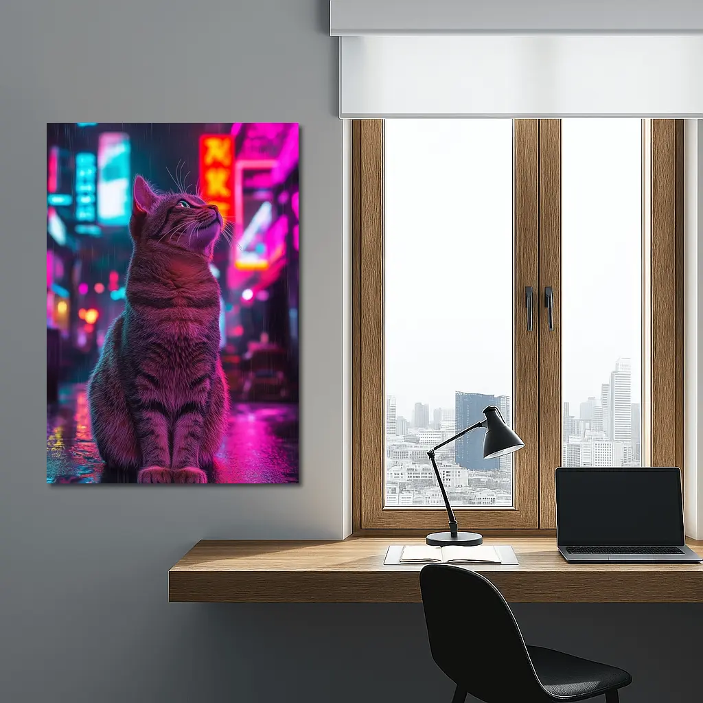 Tabby Cat Sitting in Neon Rainy City – Wall Art