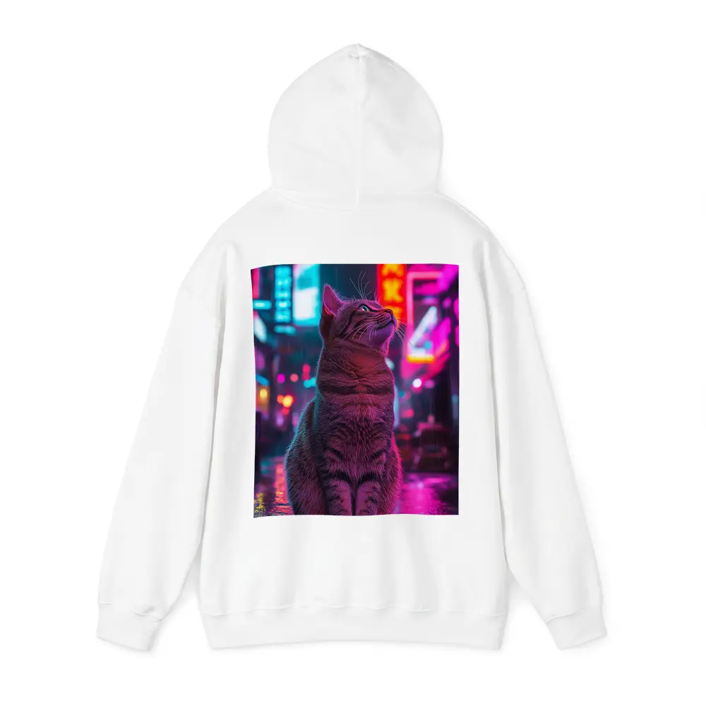 Tabby Cat Sitting in Neon Rainy City – Hoodies
