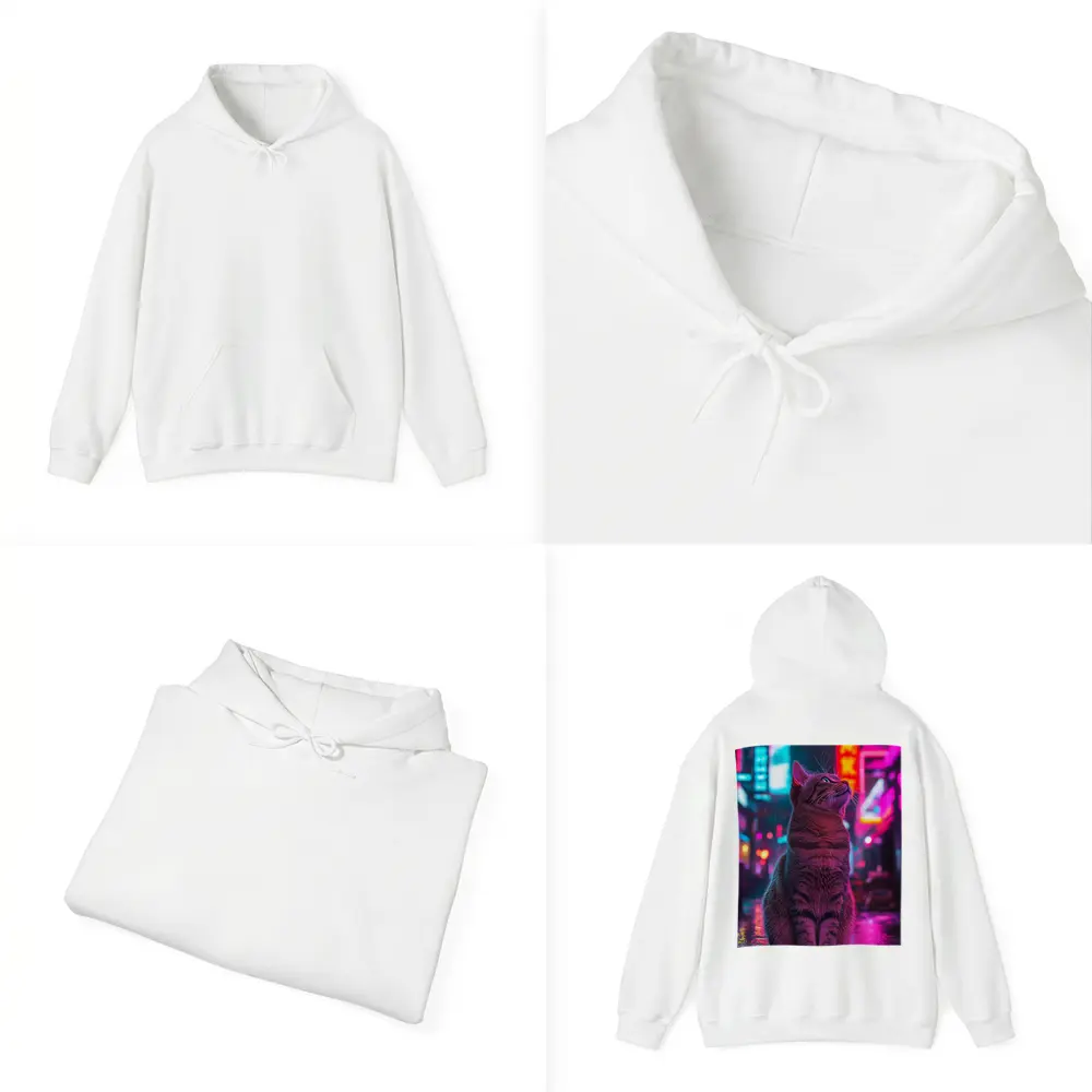Tabby Cat Sitting in Neon Rainy City – Hoodies