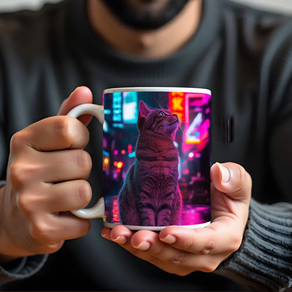 Tabby Cat Sitting in Neon Rainy City – Mugs