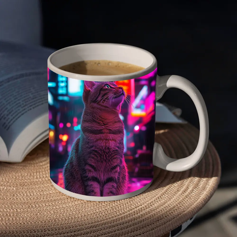 Tabby Cat Sitting in Neon Rainy City – Mugs