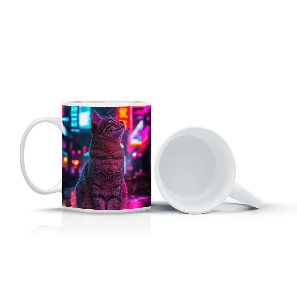 Tabby Cat Sitting in Neon Rainy City – Mugs