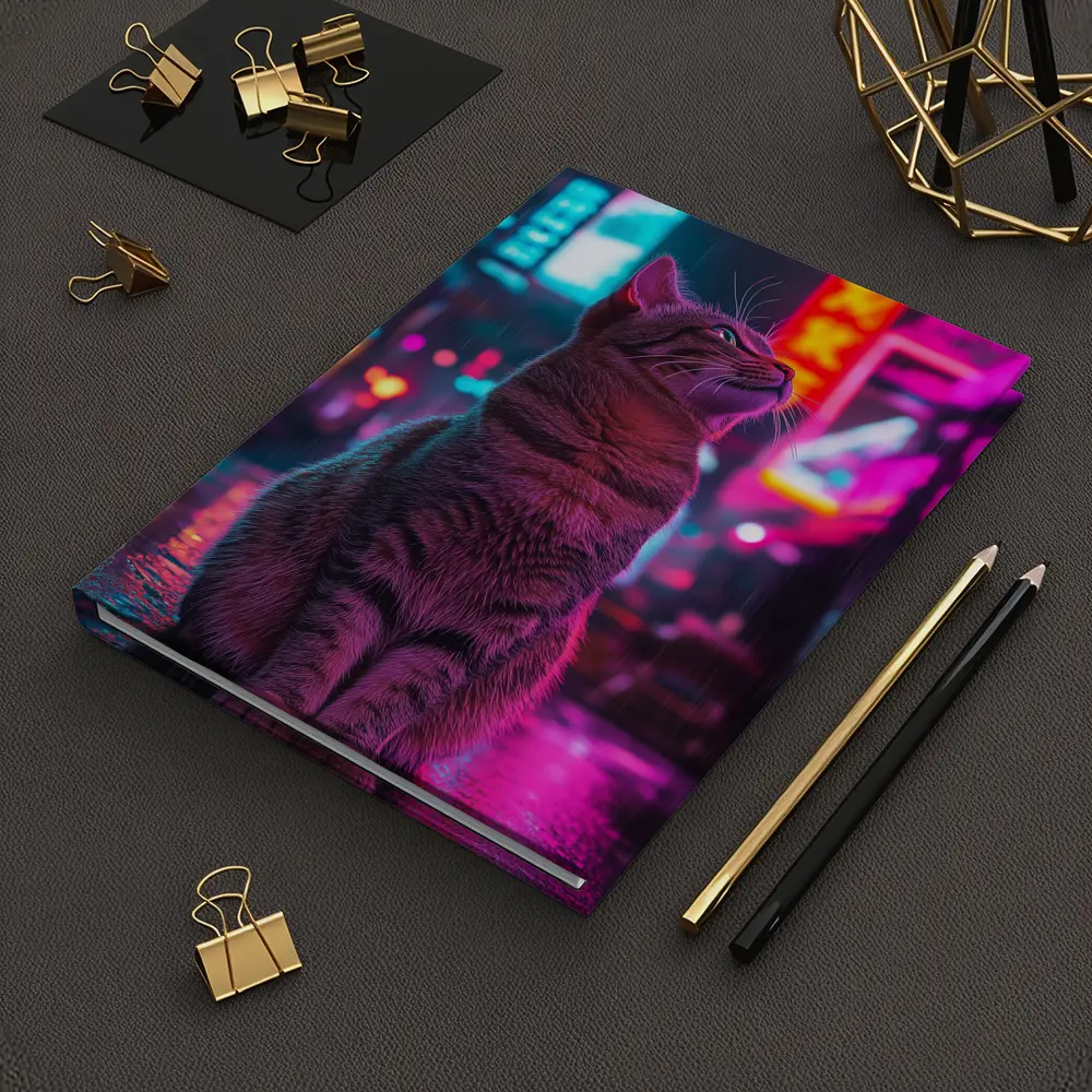 Tabby Cat Sitting in Neon Rainy City – Notebooks