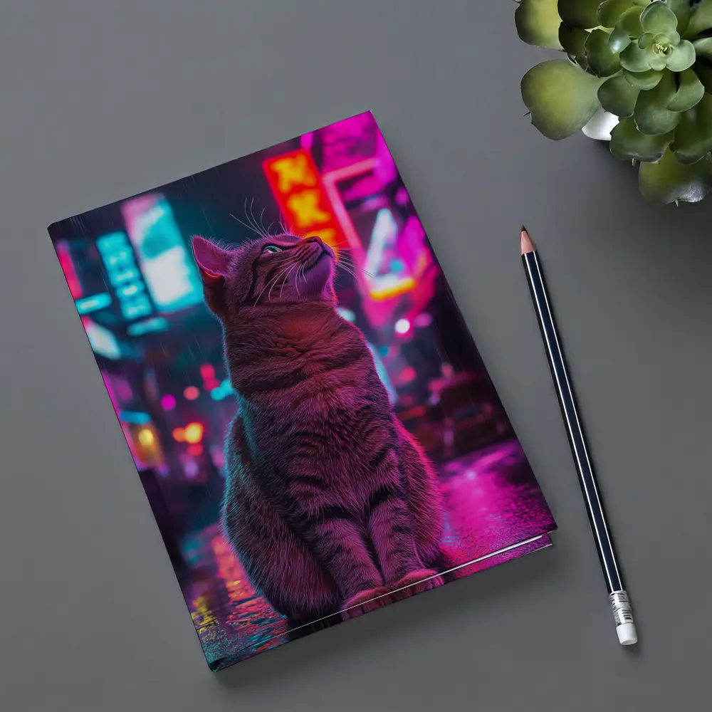 Tabby Cat Sitting in Neon Rainy City – Notebooks