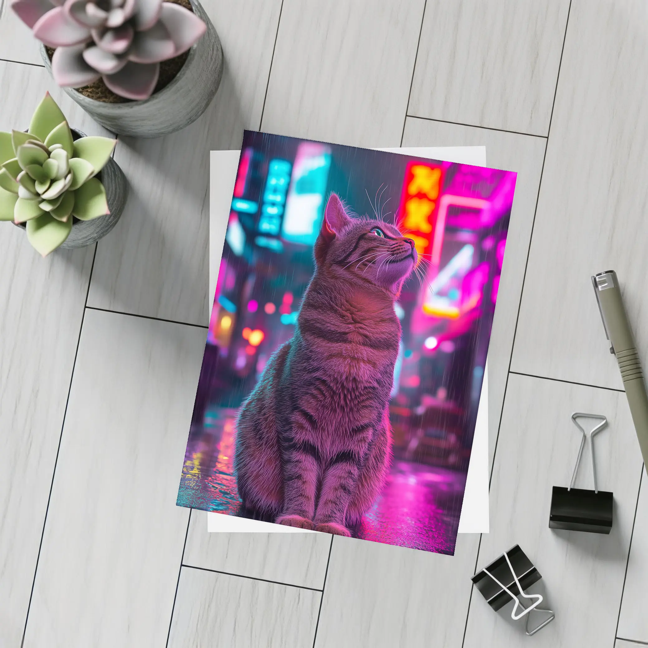 Tabby Cat Sitting in Neon Rainy City – Postcards