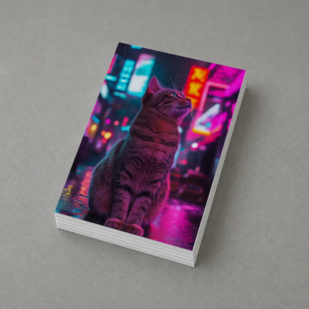Tabby Cat Sitting in Neon Rainy City – Postcards