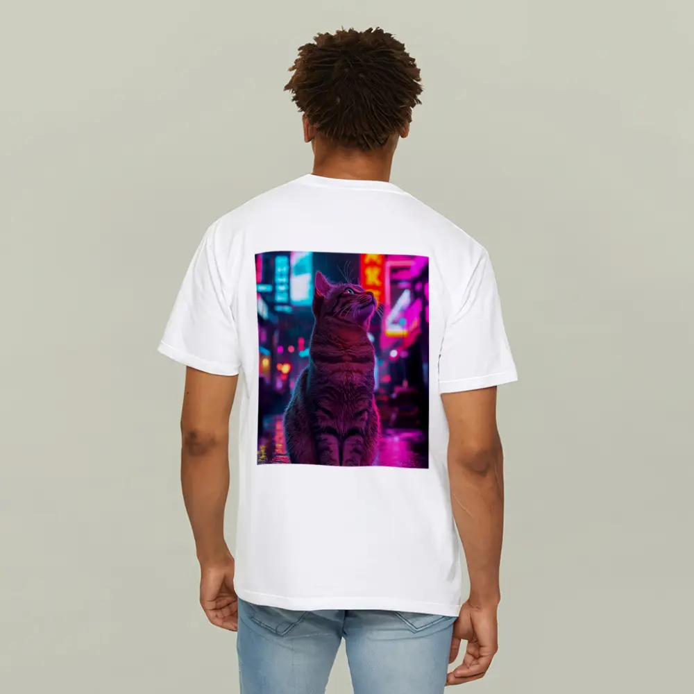 Tabby Cat Sitting in Neon Rainy City – T-Shirts