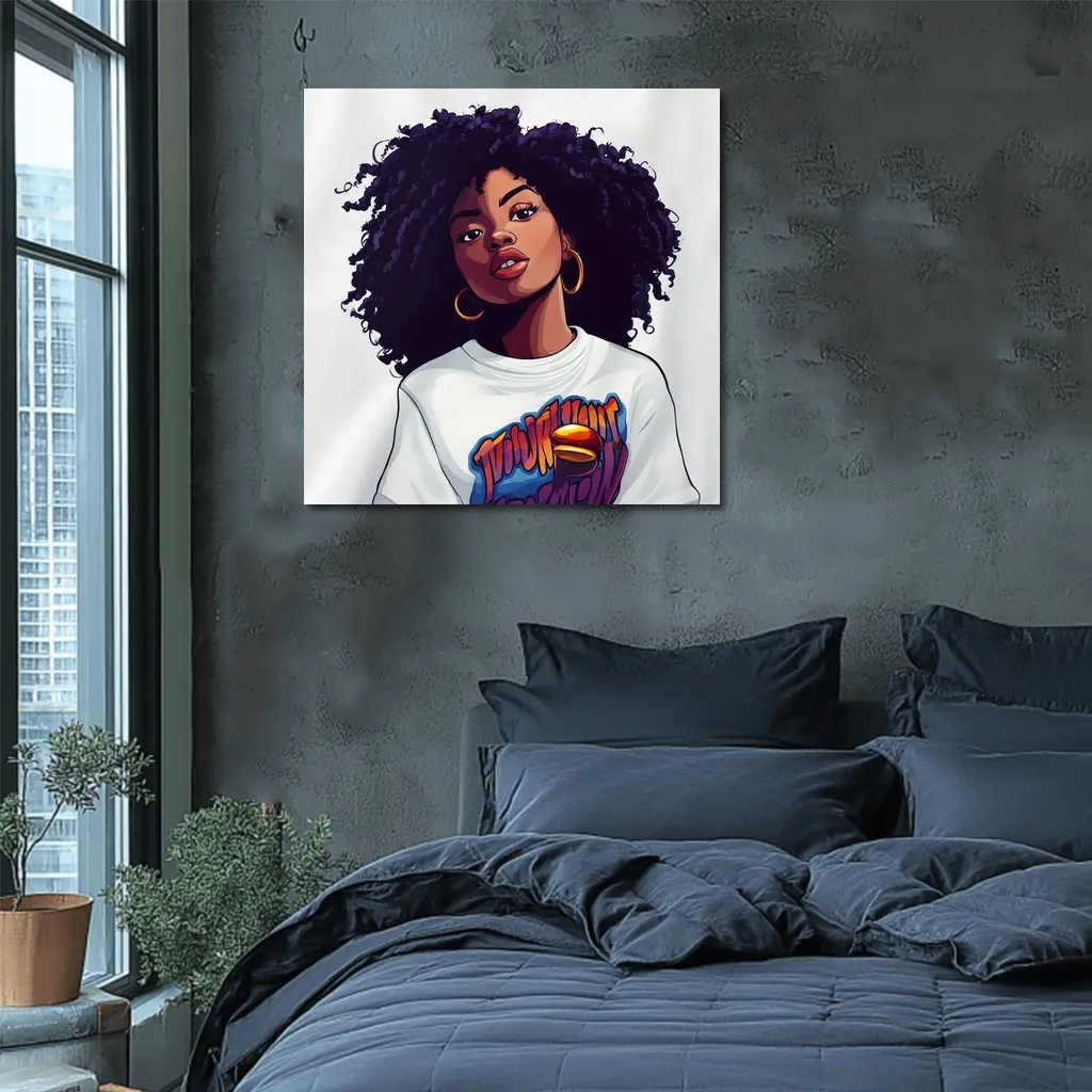 Cartoon Black Woman Curly Hair Streetwear Style – Wall Art