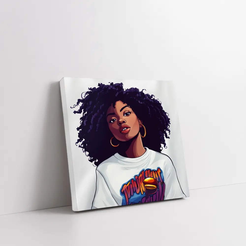 Cartoon Black Woman Curly Hair Streetwear Style – Wall Art