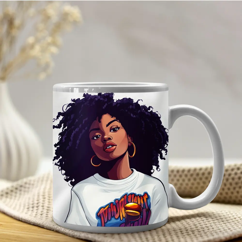 Cartoon Black Woman Curly Hair Streetwear Style – Mugs