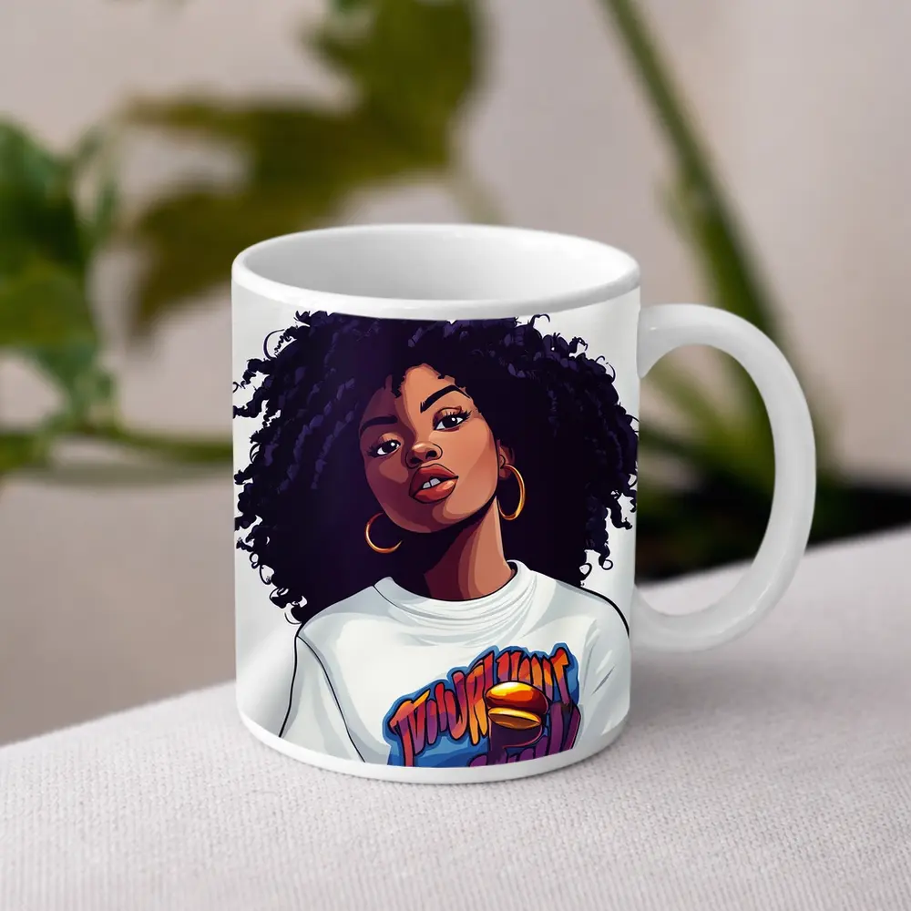 Cartoon Black Woman Curly Hair Streetwear Style – Mugs