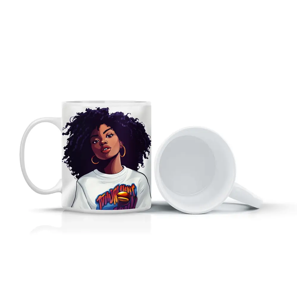Cartoon Black Woman Curly Hair Streetwear Style – Mugs