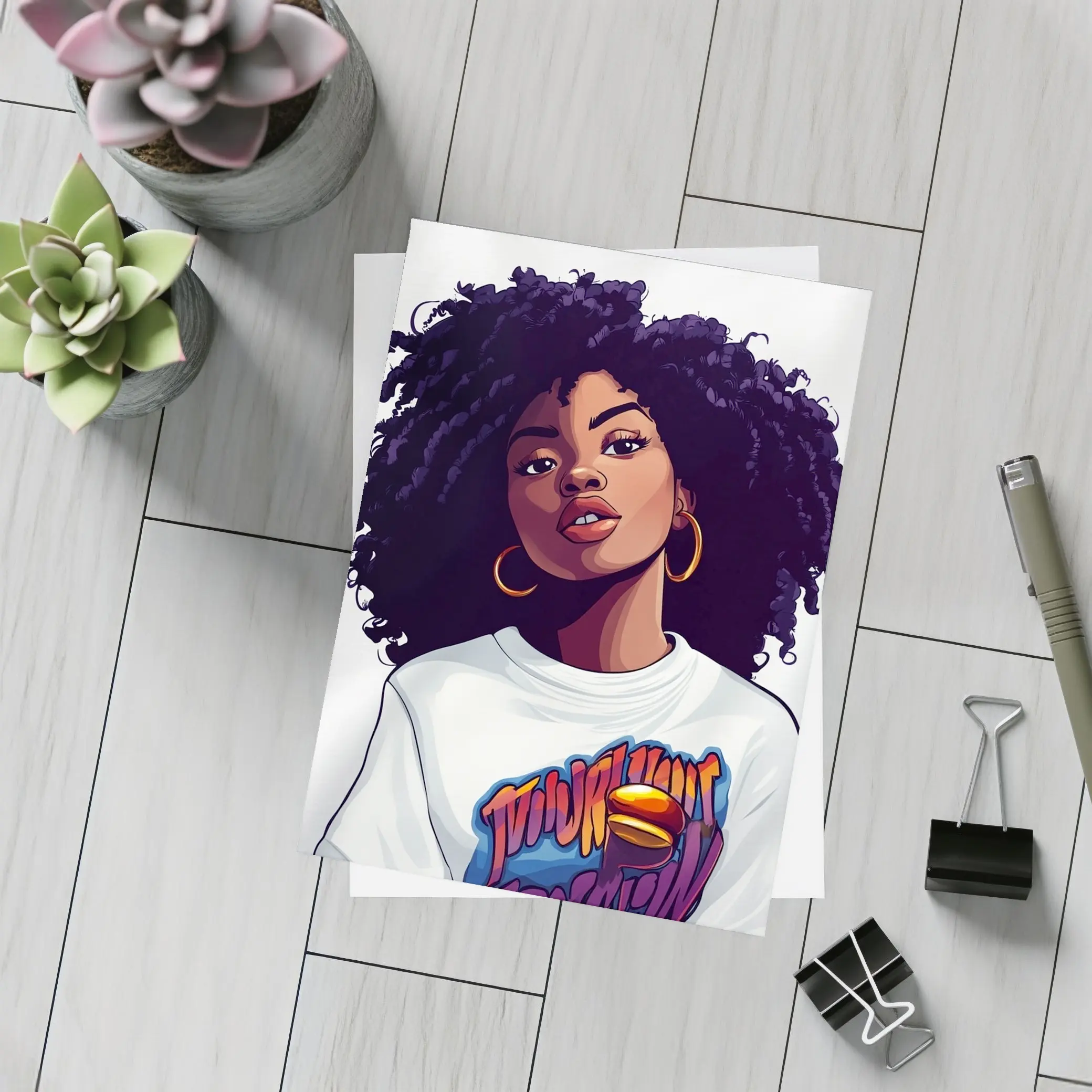 Cartoon Black Woman Curly Hair Streetwear Style – Postcards