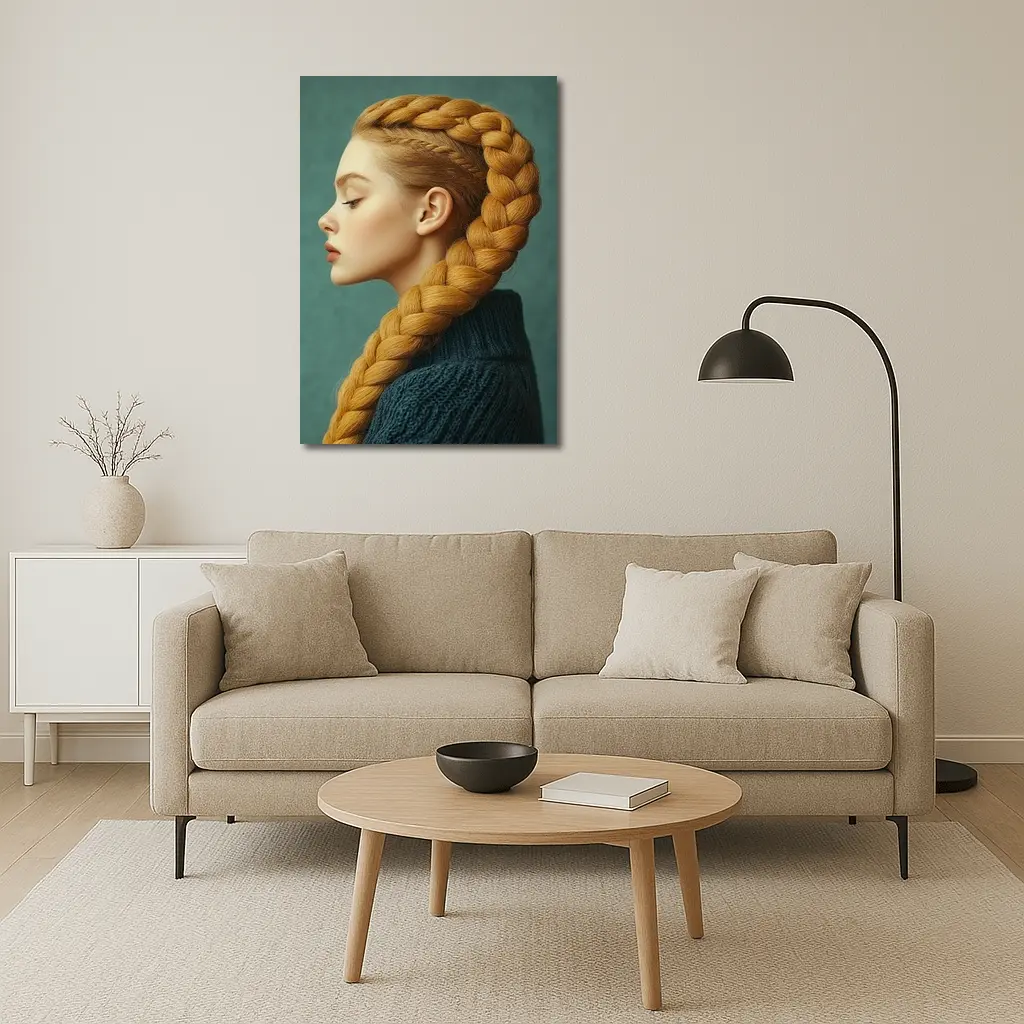 Golden Braided Hair Woman Teal Background – Wall Art