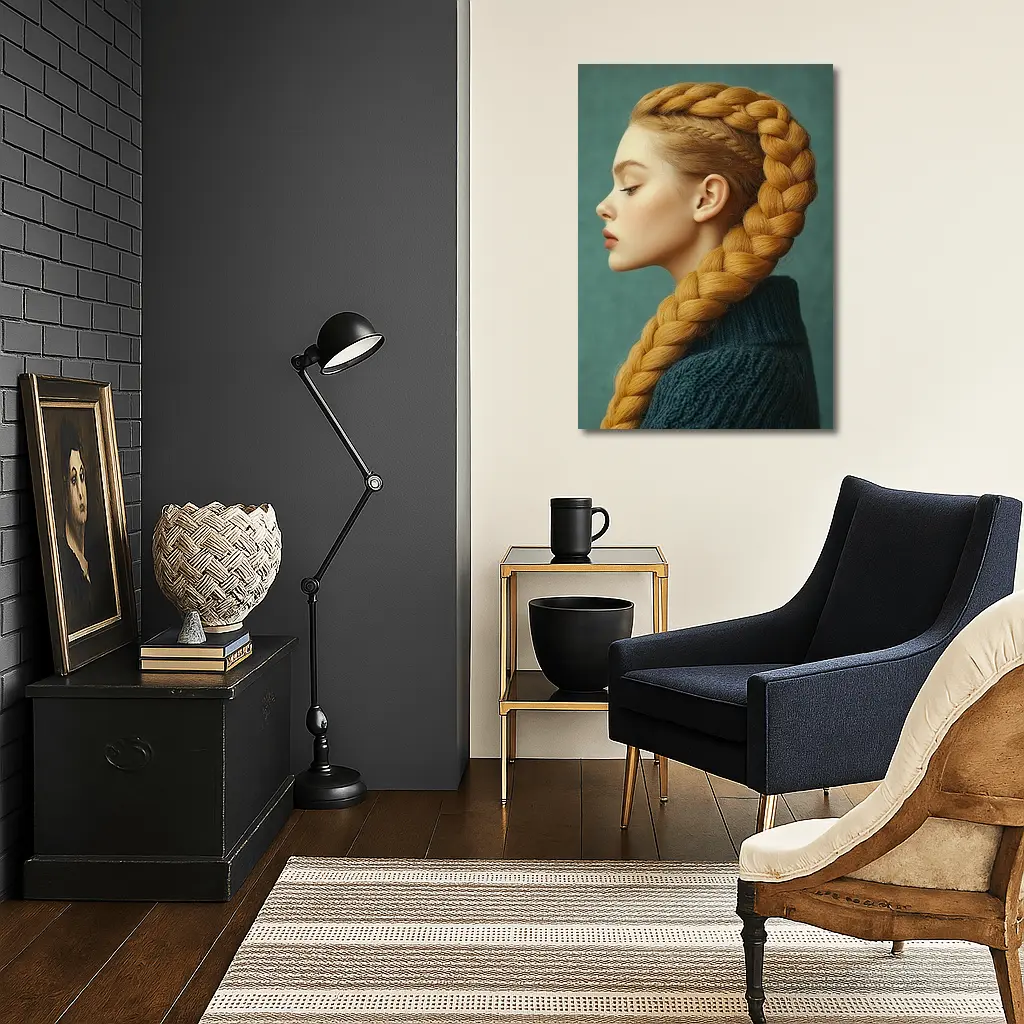 Golden Braided Hair Woman Teal Background – Wall Art